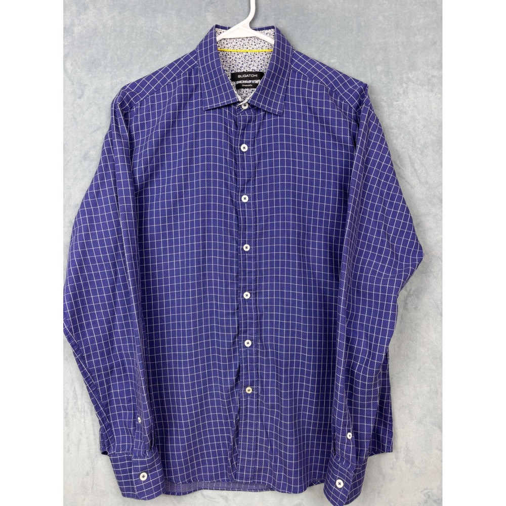 Bugatchi Mens Blue Grid Micro Dot Long Sleeve Button Down Shirt Shaped Fit M